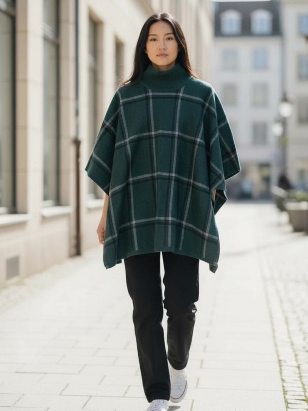Chic Plaid Poncho Sweater Forest Green Oversized Turtleneck Cape One Size Cozy